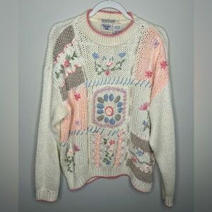 Vintage Hand Knit Floral Quilt Sweater Pastel Huntington Ridge White Pink S/M